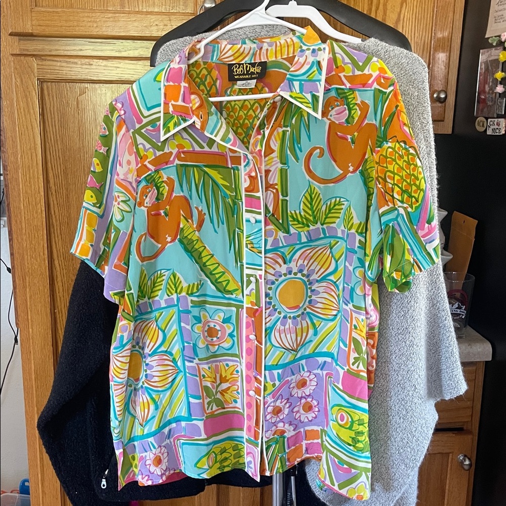 Bob Mackie Silk Top Women 1X Art to Wear Monkey Butterfly Flowers